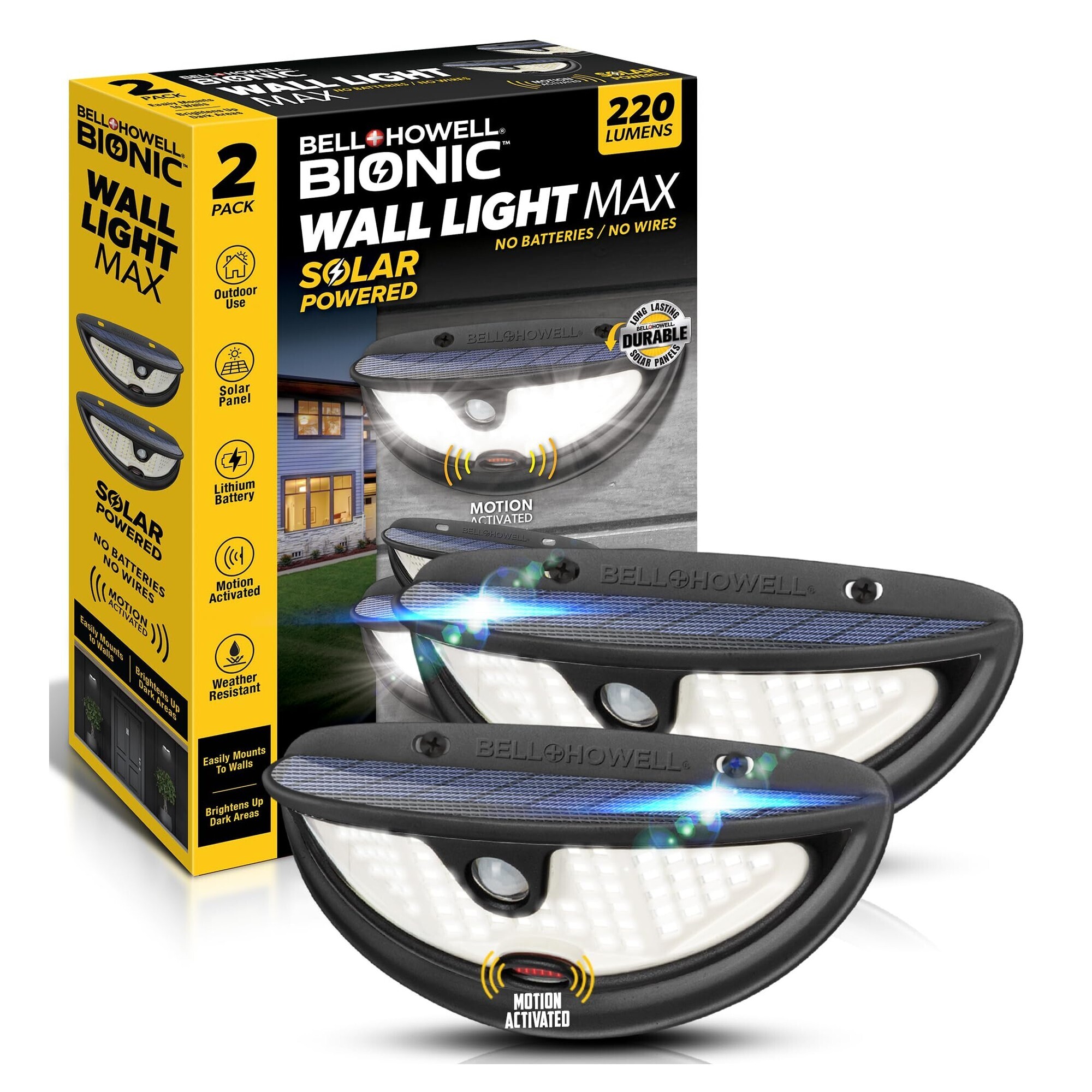 Bionic Wall Light Max - 2 Pk Solar Flood Lights Outdoor with Built-In Decoy Camera- 220 Lumens Motion Sensor Lights- IP65 Waterproof- Wall Mount- Automatic Intelligence- Wireless Security Flood Lights